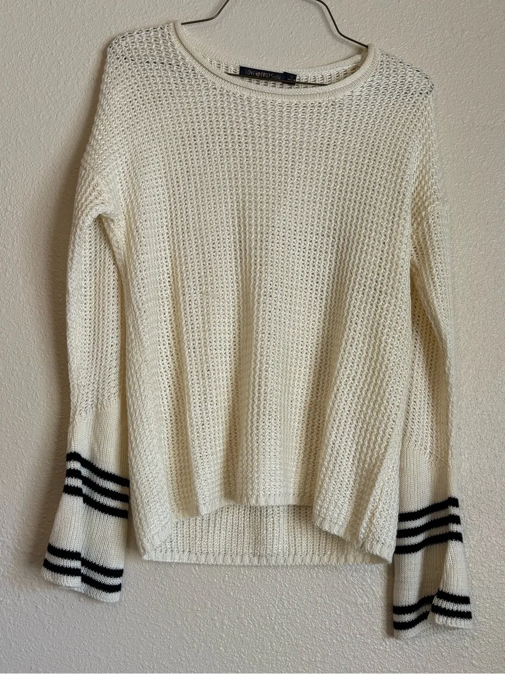 Open Edit Cream Knit Crewneck Sweater with Black Stripe Cuffs